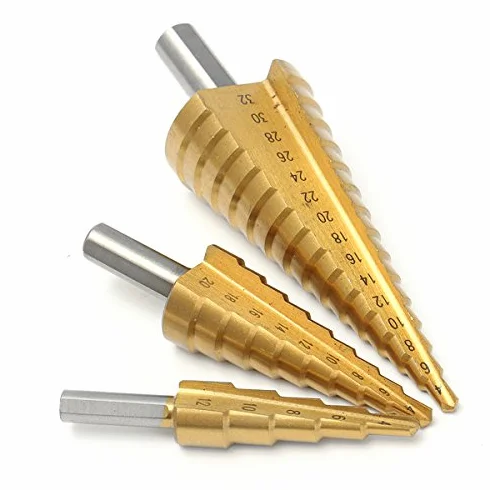 EsportsMJJ 3Pcs Titanio Rivestito HSS Step Cono Trapano Cutter Hole Bit 4-12/20/32 mm