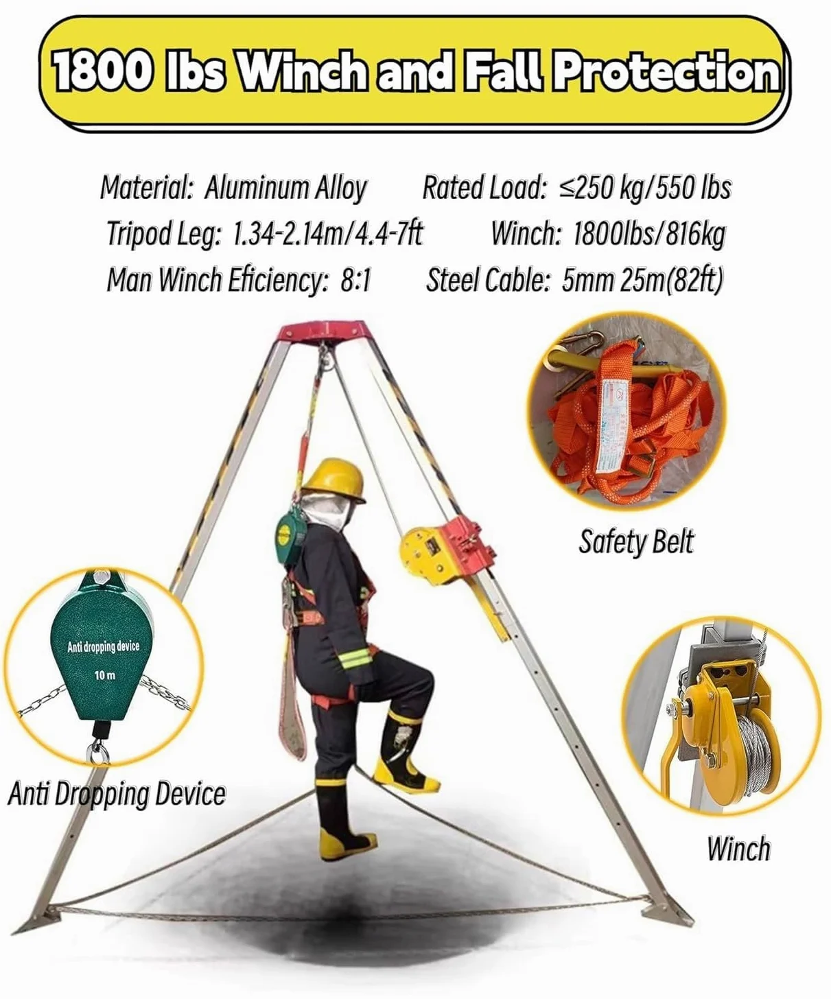 Kit treppiede di Soccorso per impieghi gravosi - Sistema anticaduta da 544 kg (1200 libbre) con Dispositivo autobloccante e Supporto di Sollevamento Regolabile in Lega di