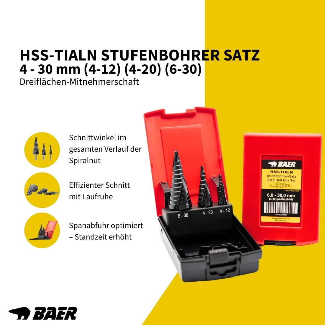 BAER HSS-TiAlN - Set di punte per trapano a gradini, 4 – 30 mm (4 – 12 & 20) (6 – 30) – punte coniche – acciai CrNi, metalli non ferrosi e acciai