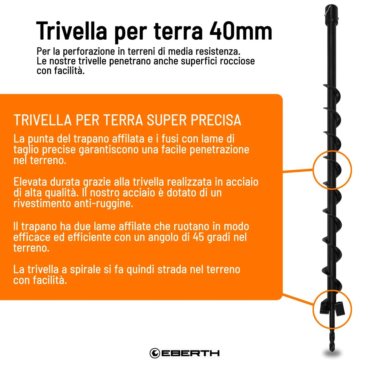 EBERTH Trapano da Giardino in Acciaio, Diametro 40mm, Lunghezza 800mm, Assorbimento 20mm, Trapano elicoidale da Giardino Laccato Nero, Vite con Tagliente 45°, Collegamento con bulloni di bloccaggio