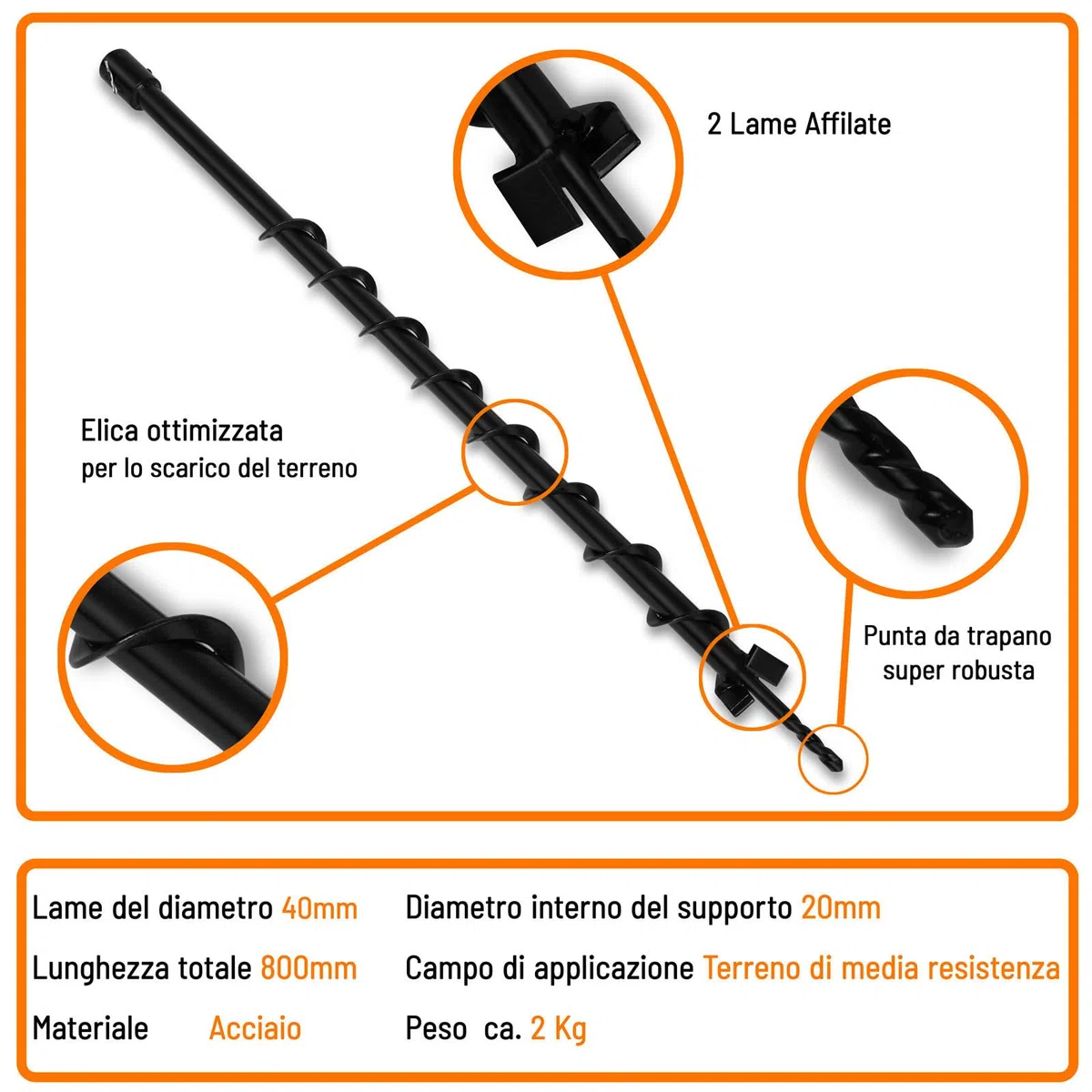 EBERTH Trapano da Giardino in Acciaio, Diametro 40mm, Lunghezza 800mm, Assorbimento 20mm, Trapano elicoidale da Giardino Laccato Nero, Vite con Tagliente 45°, Collegamento con bulloni di bloccaggio