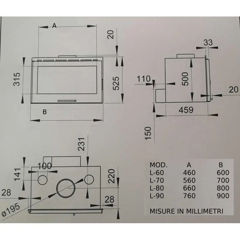 Inserto per Camino a Legna F.lli Lerda L-70 Fire 14 Kw