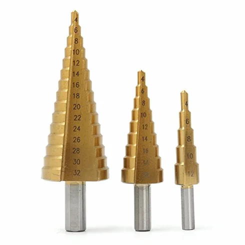 EsportsMJJ 3Pcs Titanio Rivestito HSS Step Cono Trapano Cutter Hole Bit 4-12/20/32 mm