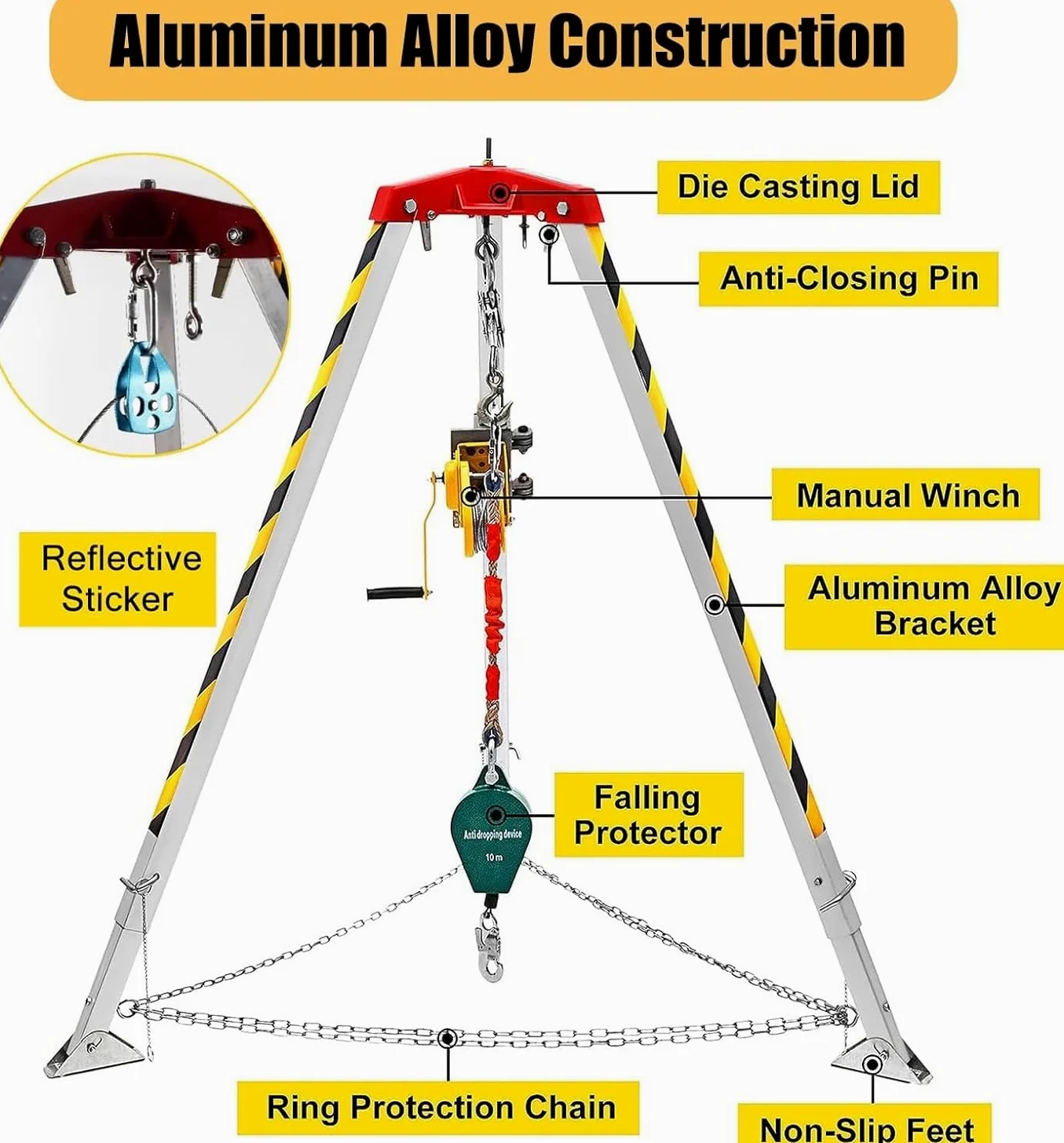 Kit treppiede di Soccorso per impieghi gravosi - Sistema anticaduta da 544 kg (1200 libbre) con Dispositivo autobloccante e Supporto di Sollevamento Regolabile in Lega di