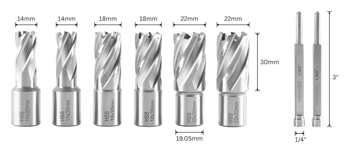 Accusize Utensili Industriali Slugger Cutter Set 14, 18, 22mm Diametro di taglio; 30mm Profondità di taglio, 0519-0030
