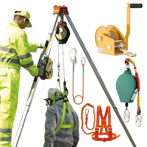 Treppiede per Soccorso in spazi confinati - Supporto di Sollevamento Regolabile in Lega di Alluminio con Dispositivo di Sicurezza anticaduta autobloccante e verricello da