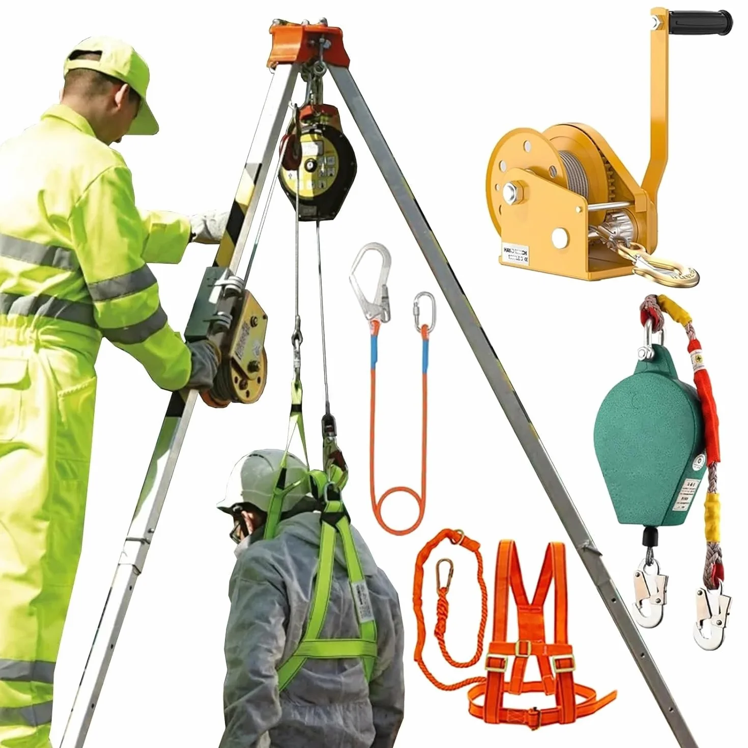 Kit treppiede di Soccorso per impieghi gravosi - Sistema anticaduta da 544 kg (1200 libbre) con Dispositivo autobloccante e Supporto di Sollevamento Regolabile in Lega di