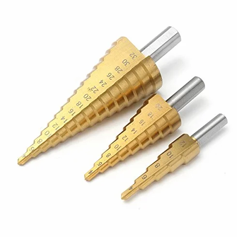 EsportsMJJ 3Pcs Titanio Rivestito HSS Step Cono Trapano Cutter Hole Bit 4-12/20/32 mm